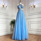 Vestido azul sexy de corte A con cuello halter y cuentas para graduación, fiesta escolar, vestidos de fiesta de celebridades LA71882 