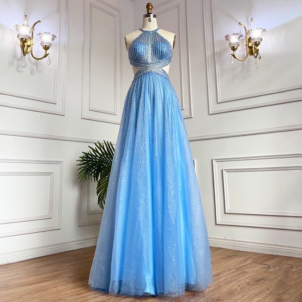 Blau Sexy A-Linie 2025 Perlen Neckholder Graduation School Party Kleid Promi Ballkleider LA71882 