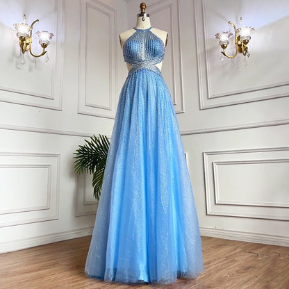 Blau Sexy A-Linie 2025 Perlen Neckholder Graduation School Party Kleid Promi Ballkleider LA71882 