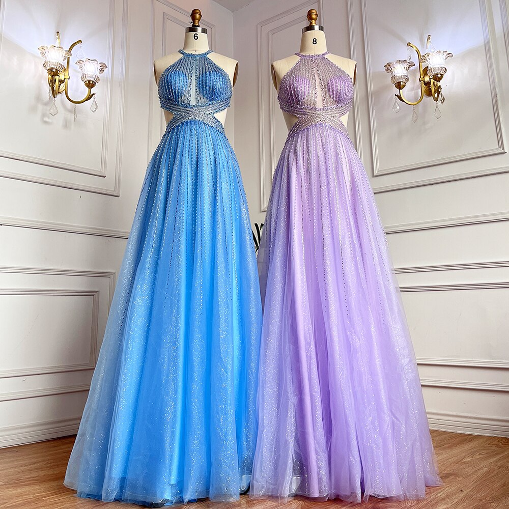 Vestido azul sexy de corte A con cuello halter y cuentas para graduación, fiesta escolar, vestidos de fiesta de celebridades LA71882 