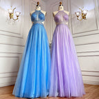 Vestido azul sexy de corte A con cuello halter y cuentas para graduación, fiesta escolar, vestidos de fiesta de celebridades LA71882 