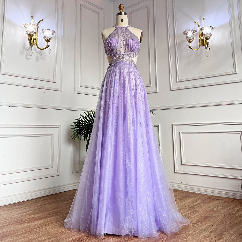 Blau Sexy A-Linie 2025 Perlen Neckholder Graduation School Party Kleid Promi Ballkleider LA71882 
