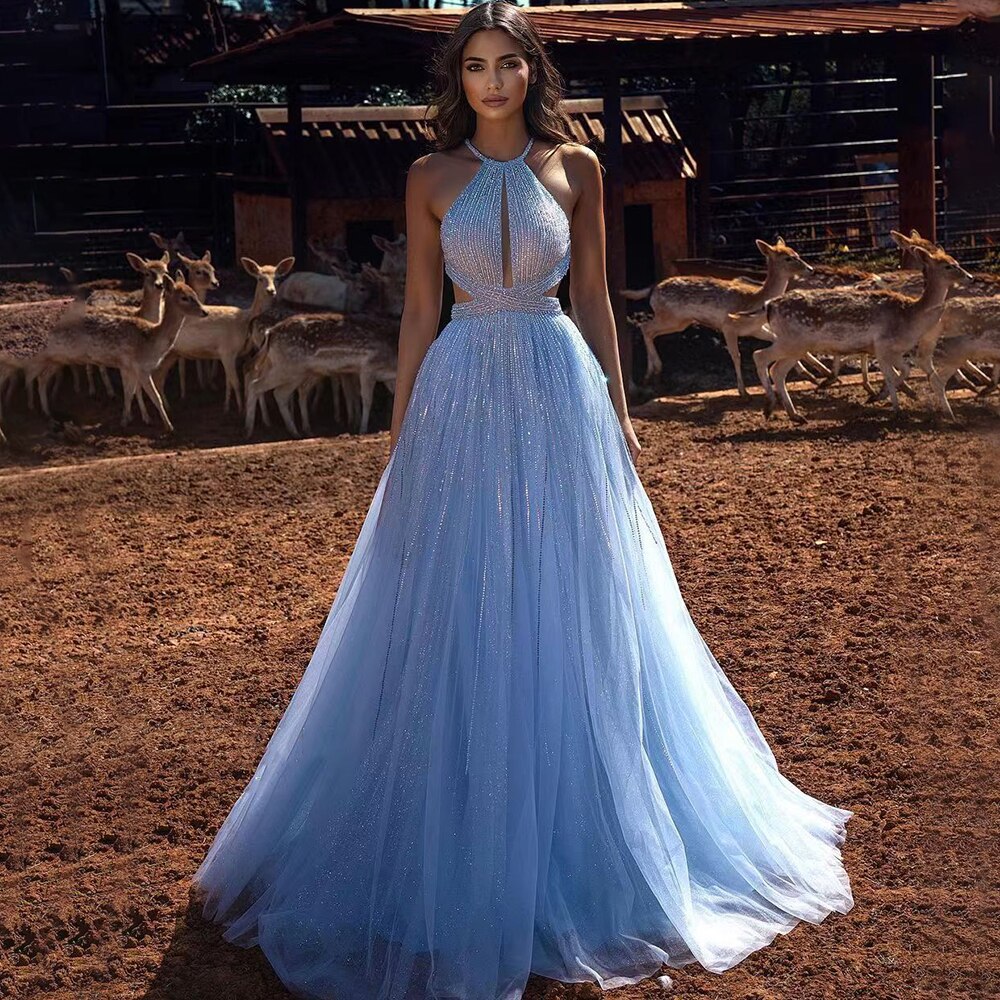 Vestido azul sexy de corte A con cuello halter y cuentas para graduación, fiesta escolar, vestidos de fiesta de celebridades LA71882 