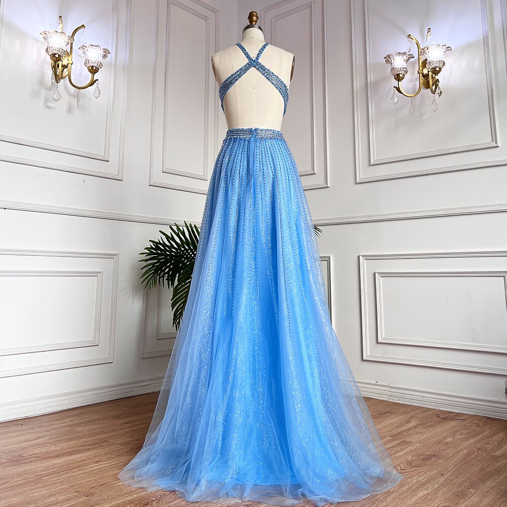 Vestido azul sexy de corte A con cuello halter y cuentas para graduación, fiesta escolar, vestidos de fiesta de celebridades LA71882 