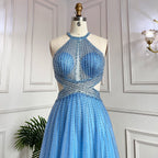 Vestido azul sexy de corte A con cuello halter y cuentas para graduación, fiesta escolar, vestidos de fiesta de celebridades LA71882 