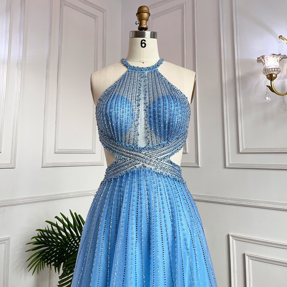 Vestido azul sexy de corte A con cuello halter y cuentas para graduación, fiesta escolar, vestidos de fiesta de celebridades LA71882 