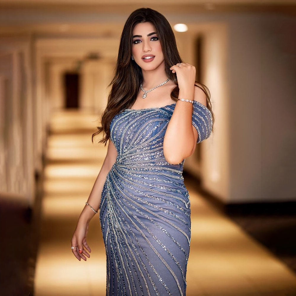 Vestido de noche azul sexy con escote barco, corte sirena, elegante, árabe, con cuentas, para mujer, boda, fiesta, 2025, LA71858 