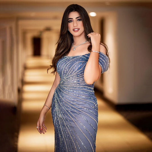 Vestido de noche azul sexy con escote barco, corte sirena, elegante, árabe, con cuentas, para mujer, boda, fiesta, 2025, LA71858 