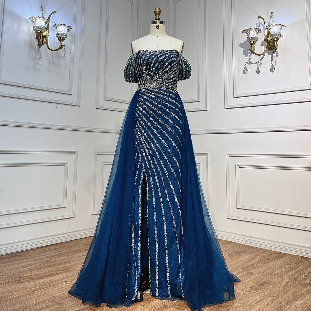 Blue Sexy Boat Neck Split Mermaid Elegant Beaded Arabic Evening Dresses Gowns For Woman Wedding Party 2025 LA71858