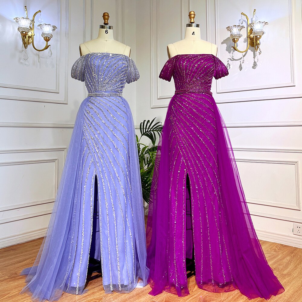 Blue Sexy Boat Neck Split Mermaid Elegant Beaded Arabic Evening Dresses Gowns For Woman Wedding Party 2025 LA71858