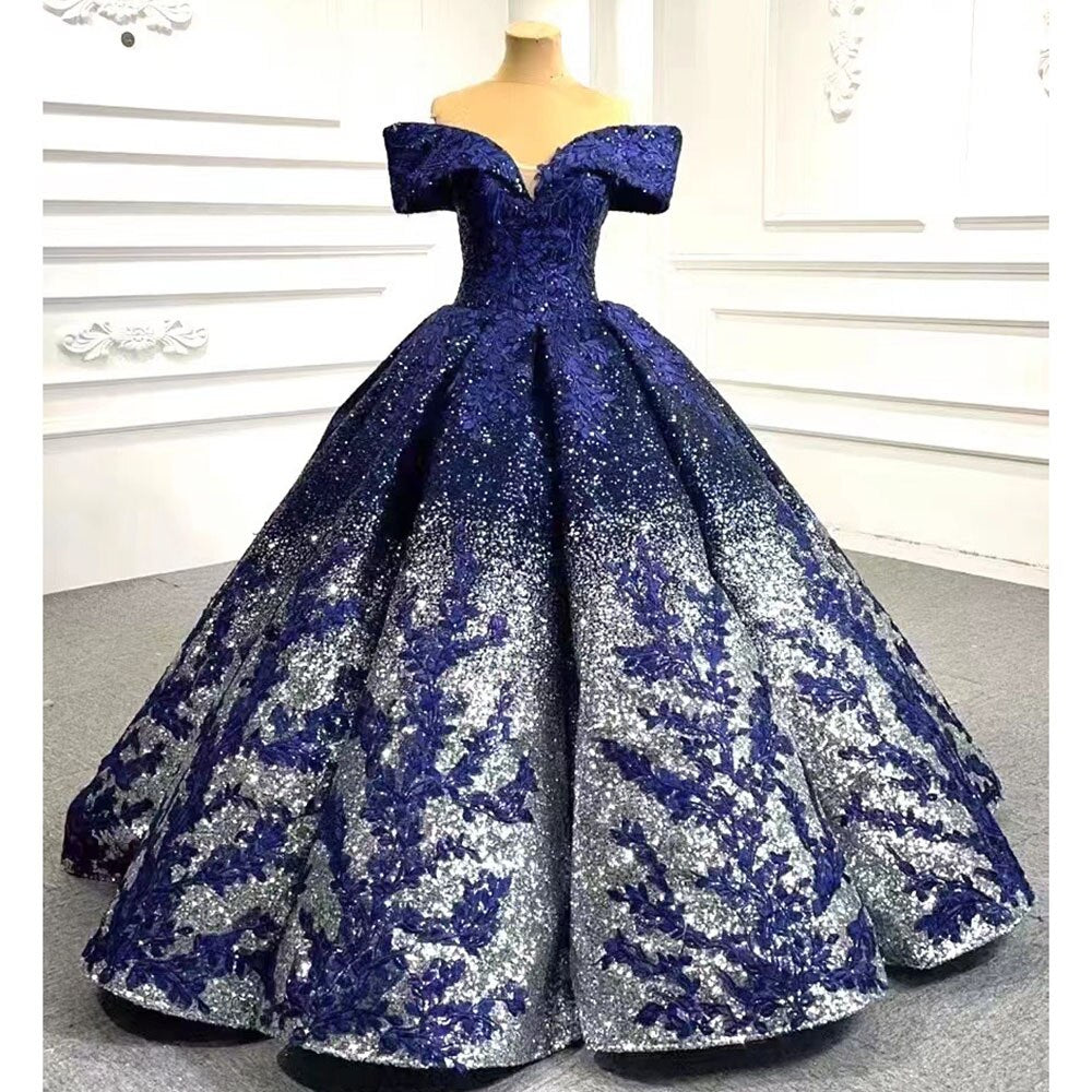 Vestido de novia azul sexy con hombros descubiertos, de lujo, con cuentas y lentejuelas, 2025, de alta gama, hecho a medida, HM66536B 