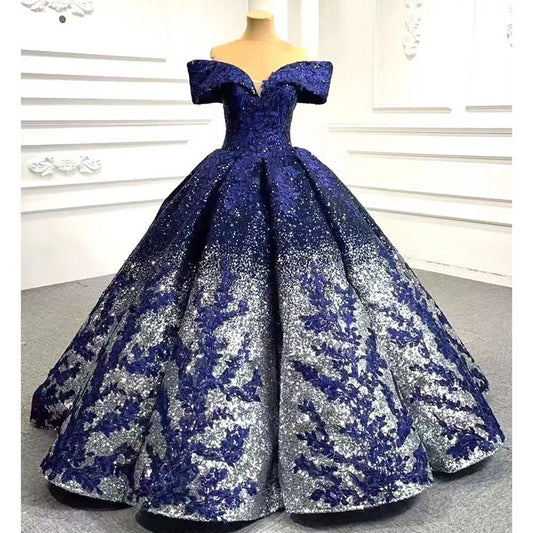 Vestido de novia azul sexy con hombros descubiertos, de lujo, con cuentas y lentejuelas, 2025, de alta gama, hecho a medida, HM66536B 