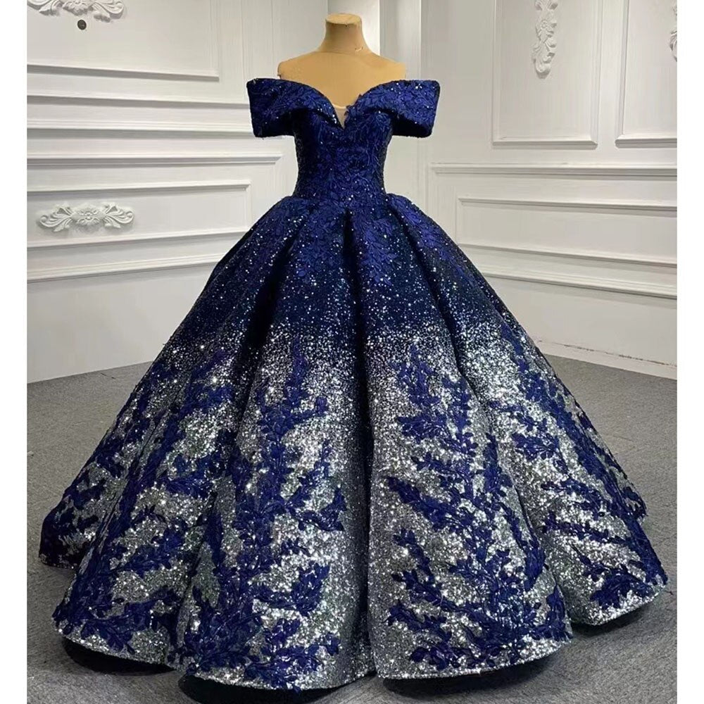 Blue Sexy Off Shoulder Luxury Beaded Sequined Up Bride Gowns Wedding Dress 2025 High End Custom Made HM66536B