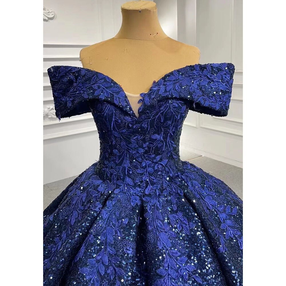 Vestido de novia azul sexy con hombros descubiertos, de lujo, con cuentas y lentejuelas, 2025, de alta gama, hecho a medida, HM66536B 