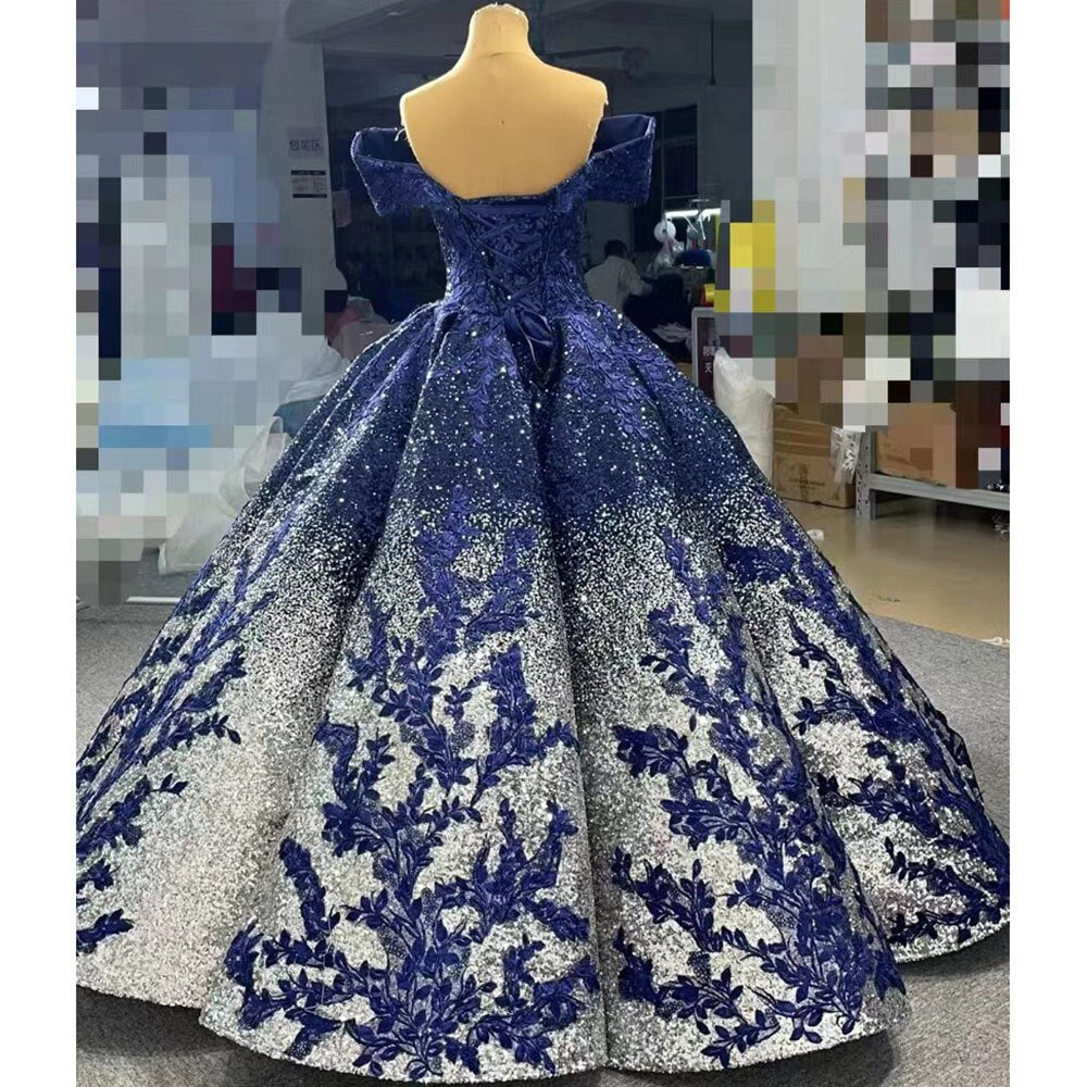 Blau Sexy Off Schulter Luxus Perlen Pailletten Up Braut Kleider Hochzeit Kleid 2025 High-End Nach Maß HM66536B 