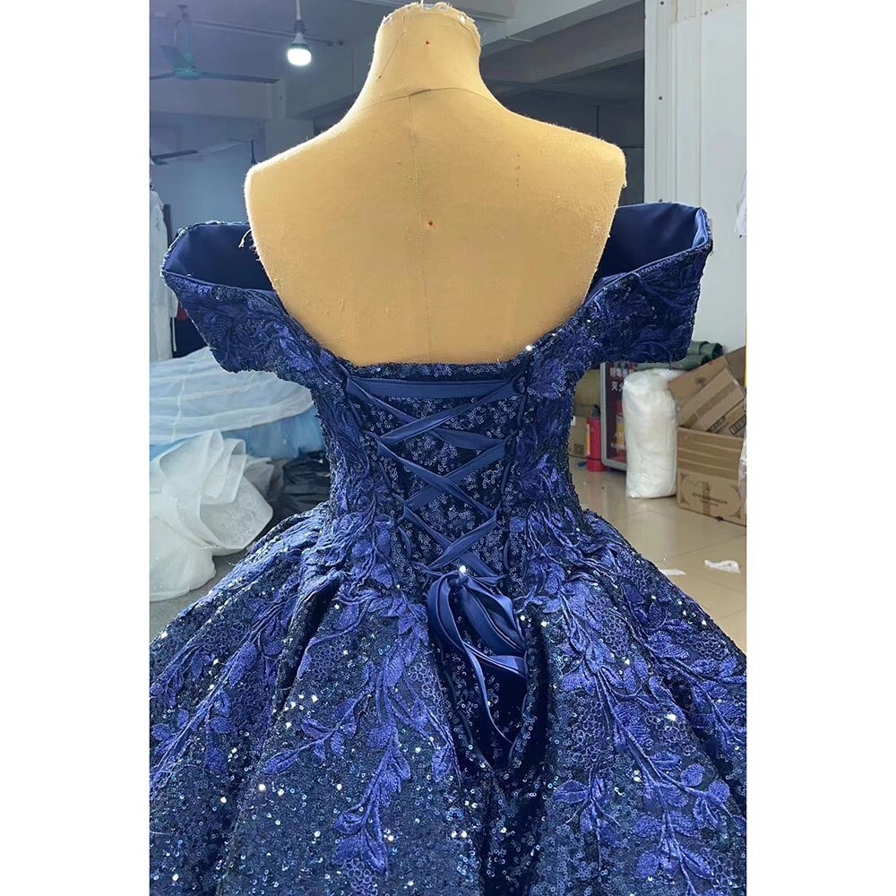 Vestido de novia azul sexy con hombros descubiertos, de lujo, con cuentas y lentejuelas, 2025, de alta gama, hecho a medida, HM66536B 