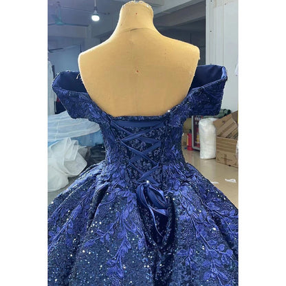 Vestido de novia azul sexy con hombros descubiertos, de lujo, con cuentas y lentejuelas, 2025, de alta gama, hecho a medida, HM66536B 