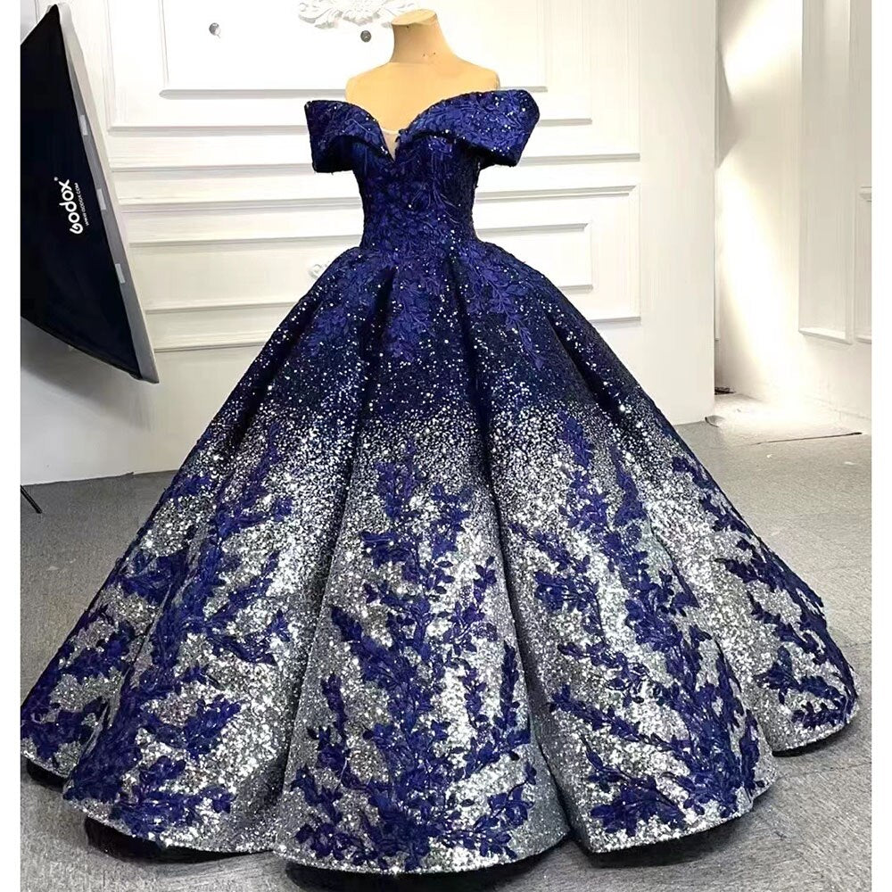 Vestido de novia azul sexy con hombros descubiertos, de lujo, con cuentas y lentejuelas, 2025, de alta gama, hecho a medida, HM66536B 