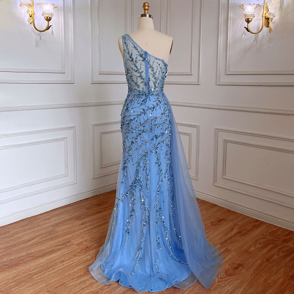 Vestido de noche azul sexy de sirena con un solo hombro y elegante con cuentas árabes para mujer, fiesta de bodas 2025 LA71653B 