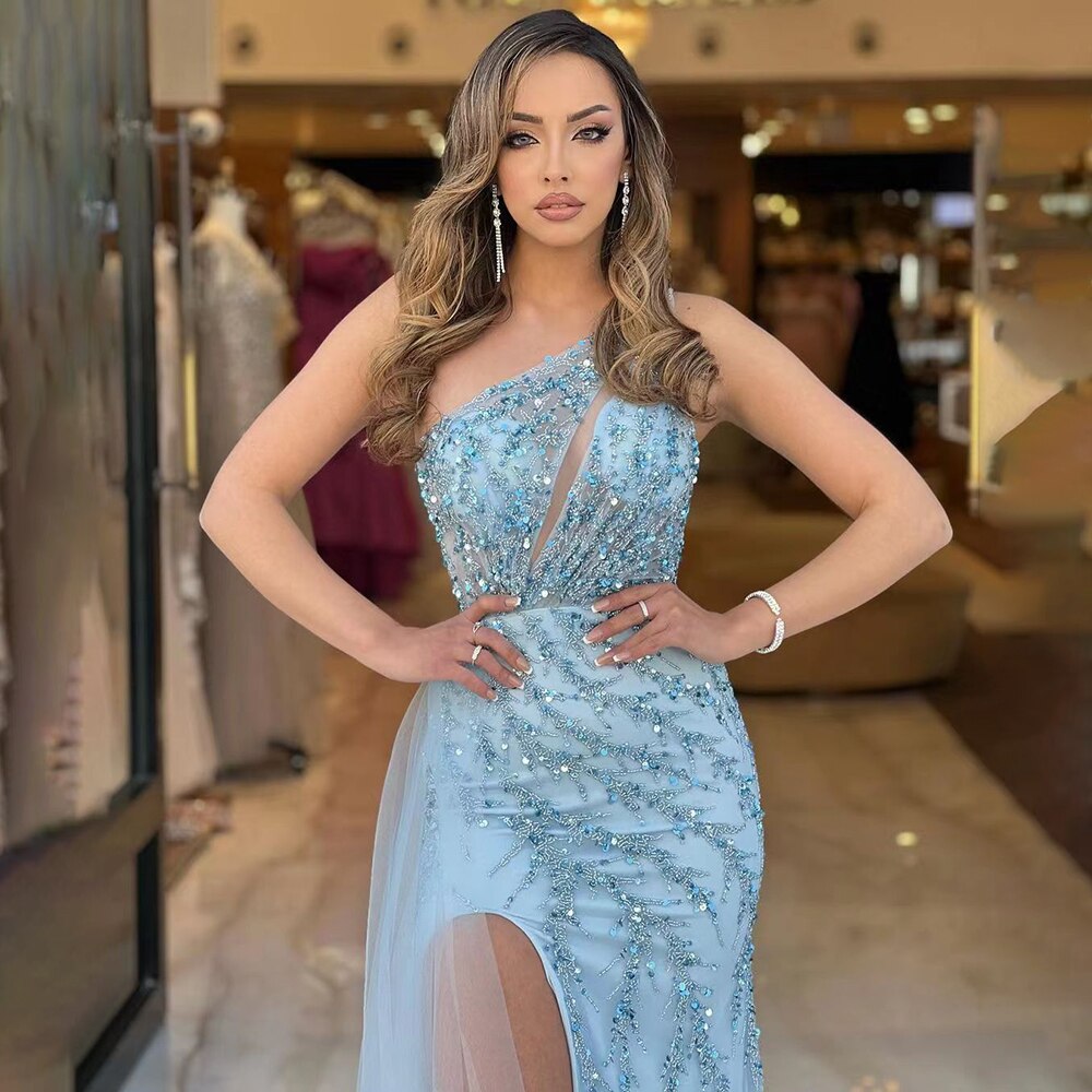 Vestido de noche azul sexy de sirena con un solo hombro y elegante con cuentas árabes para mujer, fiesta de bodas 2025 LA71653B 