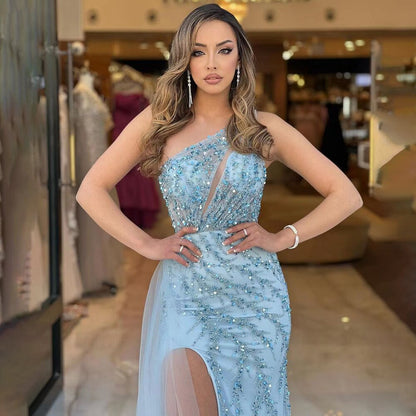 Vestido de noche azul sexy de sirena con un solo hombro y elegante con cuentas árabes para mujer, fiesta de bodas 2025 LA71653B 