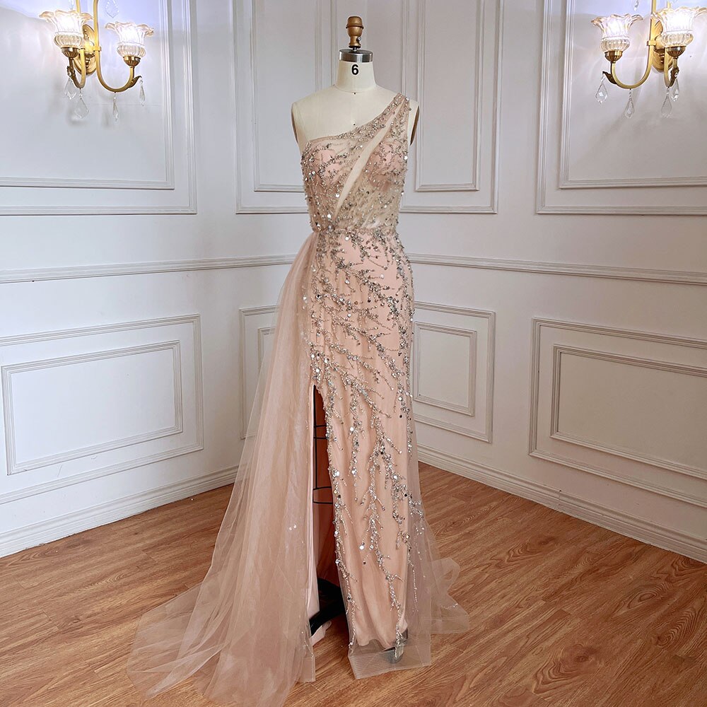 Vestido de noche azul sexy de sirena con un solo hombro y elegante con cuentas árabes para mujer, fiesta de bodas 2025 LA71653B 