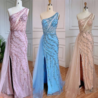 Vestido de noche azul sexy de sirena con un solo hombro y elegante con cuentas árabes para mujer, fiesta de bodas 2025 LA71653B 