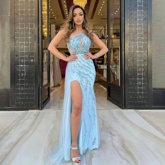 Vestido de noche azul sexy de sirena con un solo hombro y elegante con cuentas árabes para mujer, fiesta de bodas 2025 LA71653B 