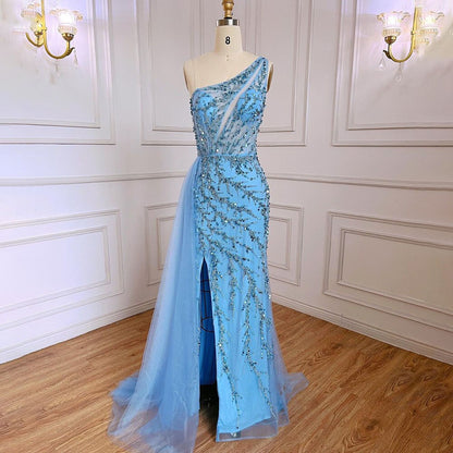 Vestido de noche azul sexy de sirena con un solo hombro y elegante con cuentas árabes para mujer, fiesta de bodas 2025 LA71653B 