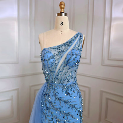 Vestido de noche azul sexy de sirena con un solo hombro y elegante con cuentas árabes para mujer, fiesta de bodas 2025 LA71653B 