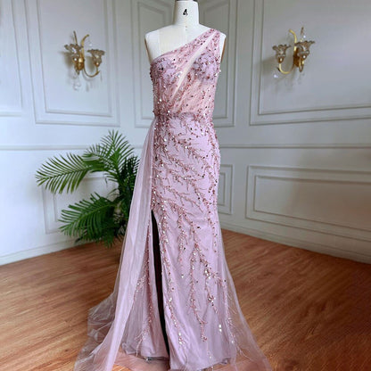 Vestido de noche azul sexy de sirena con un solo hombro y elegante con cuentas árabes para mujer, fiesta de bodas 2025 LA71653B 