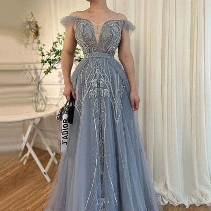Vestidos de noche de lujo árabes, azules, sexys, con tirantes finos, corte A y cuentas, para mujer, fiesta, LA71850 