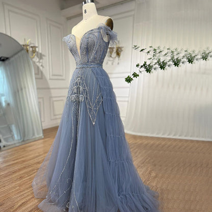 Vestidos de noche de lujo árabes, azules, sexys, con tirantes finos, corte A y cuentas, para mujer, fiesta, LA71850 