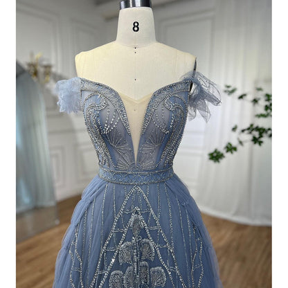 Vestidos de noche de lujo árabes, azules, sexys, con tirantes finos, corte A y cuentas, para mujer, fiesta, LA71850 
