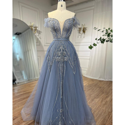 Vestidos de noche de lujo árabes, azules, sexys, con tirantes finos, corte A y cuentas, para mujer, fiesta, LA71850 