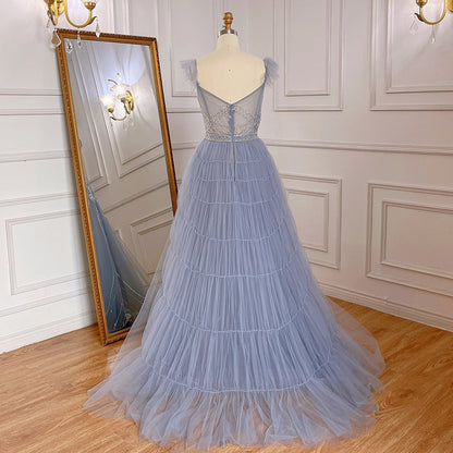 Vestidos de noche de lujo árabes, azules, sexys, con tirantes finos, corte A y cuentas, para mujer, fiesta, LA71850 