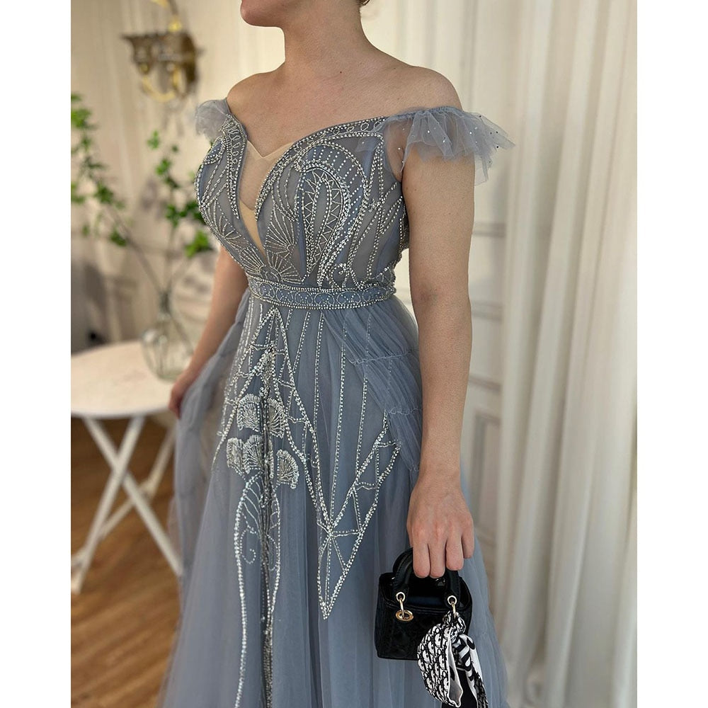 Vestidos de noche de lujo árabes, azules, sexys, con tirantes finos, corte A y cuentas, para mujer, fiesta, LA71850 