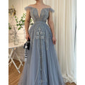 Vestidos de noche de lujo árabes, azules, sexys, con tirantes finos, corte A y cuentas, para mujer, fiesta, LA71850 