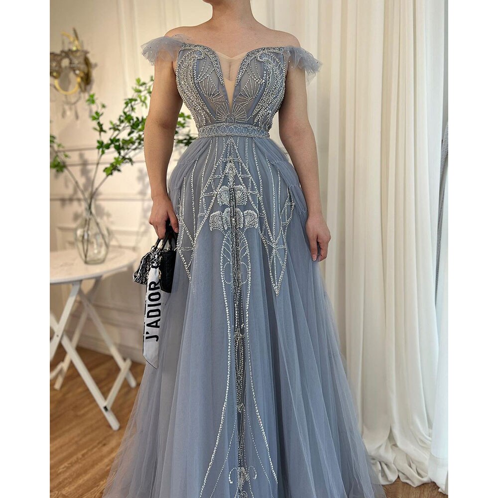 Vestidos de noche de lujo árabes, azules, sexys, con tirantes finos, corte A y cuentas, para mujer, fiesta, LA71850 