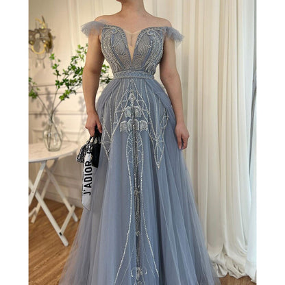 Vestidos de noche de lujo árabes, azules, sexys, con tirantes finos, corte A y cuentas, para mujer, fiesta, LA71850 