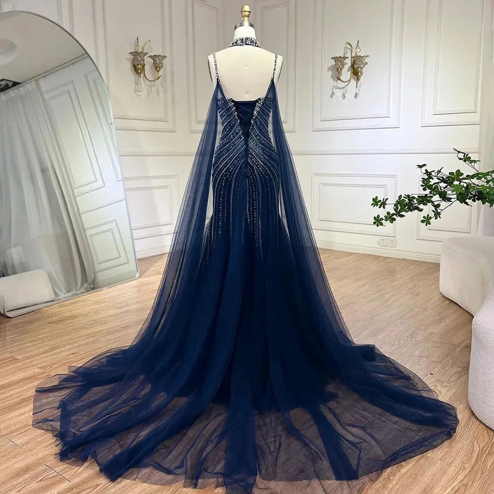 Blauer Spaghettiträger, langer Mantel, Meerjungfrau, Perlen, Schnürung, Luxus-Abendkleider für Frauen, Hochzeitsfeier, LA72440 