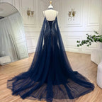 Blauer Spaghettiträger, langer Mantel, Meerjungfrau, Perlen, Schnürung, Luxus-Abendkleider für Frauen, Hochzeitsfeier, LA72440 
