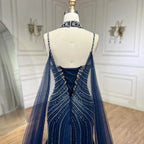 Blauer Spaghettiträger, langer Mantel, Meerjungfrau, Perlen, Schnürung, Luxus-Abendkleider für Frauen, Hochzeitsfeier, LA72440 