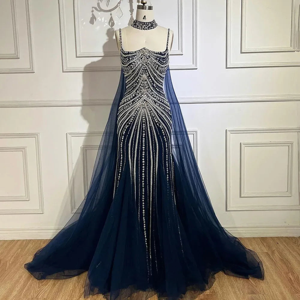Blauer Spaghettiträger, langer Mantel, Meerjungfrau, Perlen, Schnürung, Luxus-Abendkleider für Frauen, Hochzeitsfeier, LA72440 