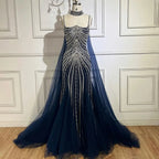 Blauer Spaghettiträger, langer Mantel, Meerjungfrau, Perlen, Schnürung, Luxus-Abendkleider für Frauen, Hochzeitsfeier, LA72440 