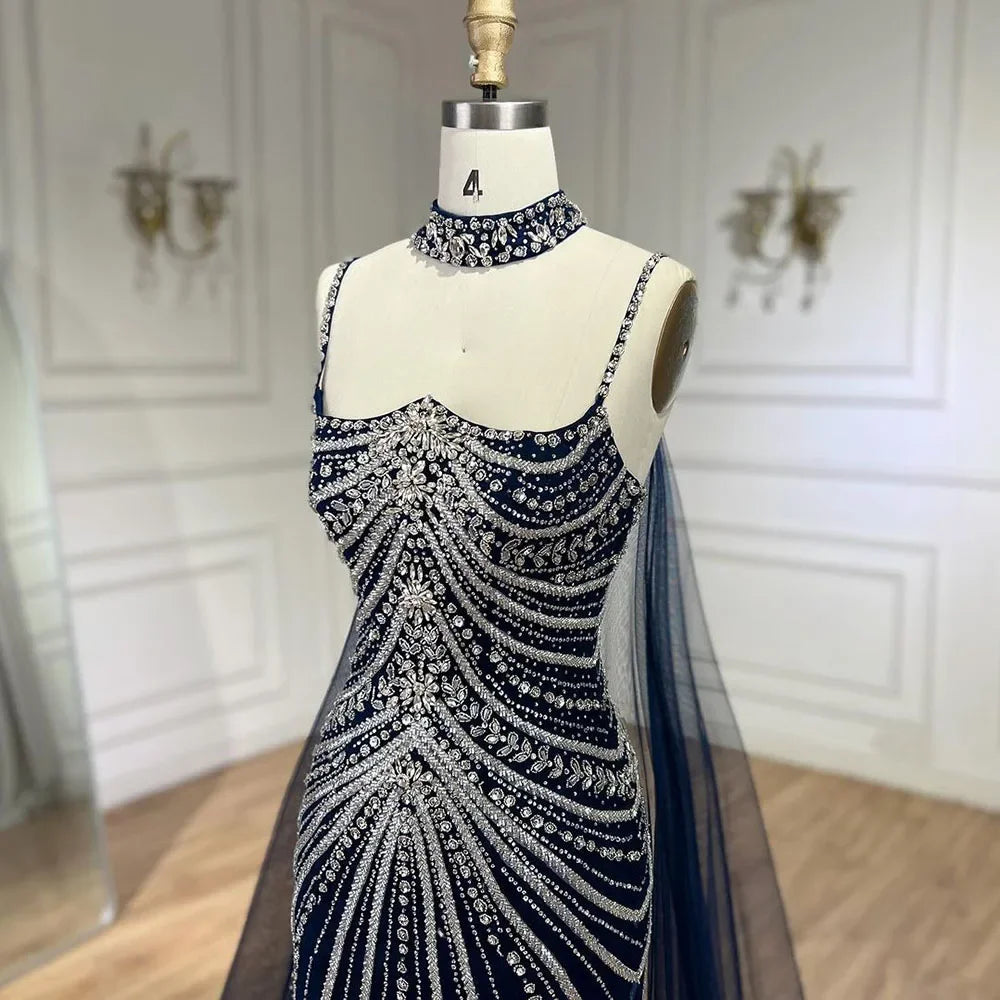 Blauer Spaghettiträger, langer Mantel, Meerjungfrau, Perlen, Schnürung, Luxus-Abendkleider für Frauen, Hochzeitsfeier, LA72440 