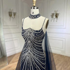 Blauer Spaghettiträger, langer Mantel, Meerjungfrau, Perlen, Schnürung, Luxus-Abendkleider für Frauen, Hochzeitsfeier, LA72440 