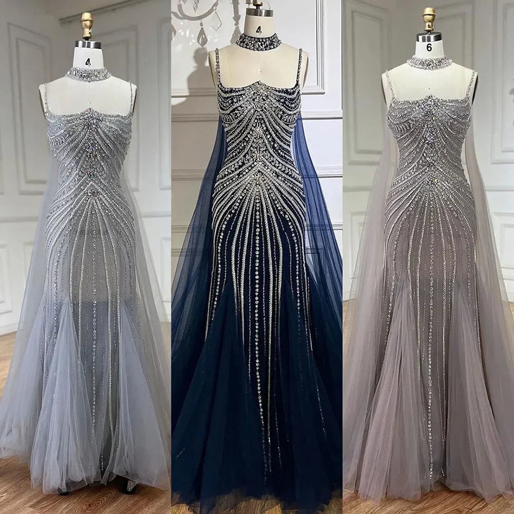 Blauer Spaghettiträger, langer Mantel, Meerjungfrau, Perlen, Schnürung, Luxus-Abendkleider für Frauen, Hochzeitsfeier, LA72440 