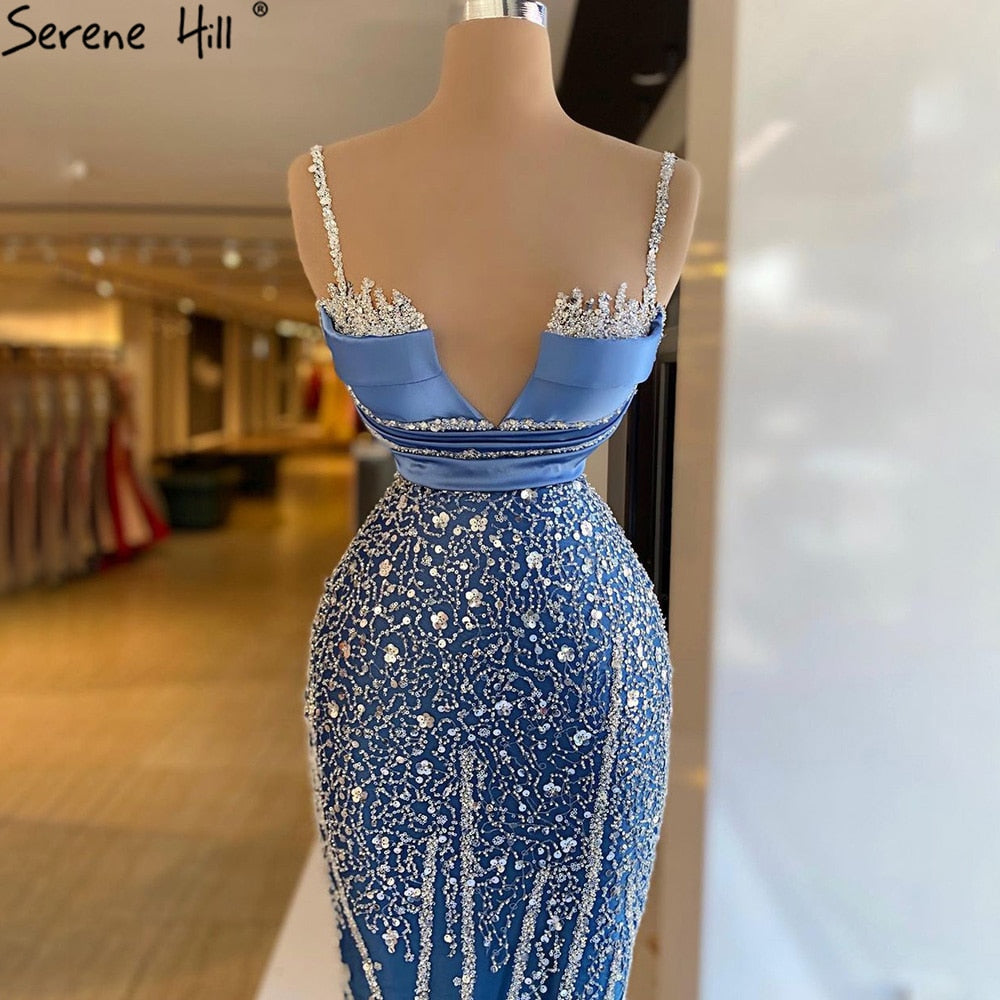 Vestidos de noche de sirena con tirantes finos azules, elegantes y de lujo con cuentas, para mujer, para fiesta, LA71243 