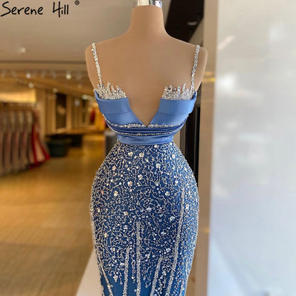 Vestidos de noche de sirena con tirantes finos azules, elegantes y de lujo con cuentas, para mujer, para fiesta, LA71243 